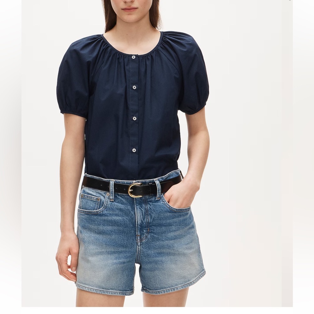 j crew Navy Puff-Sleeve Button Front Women's Top size S New